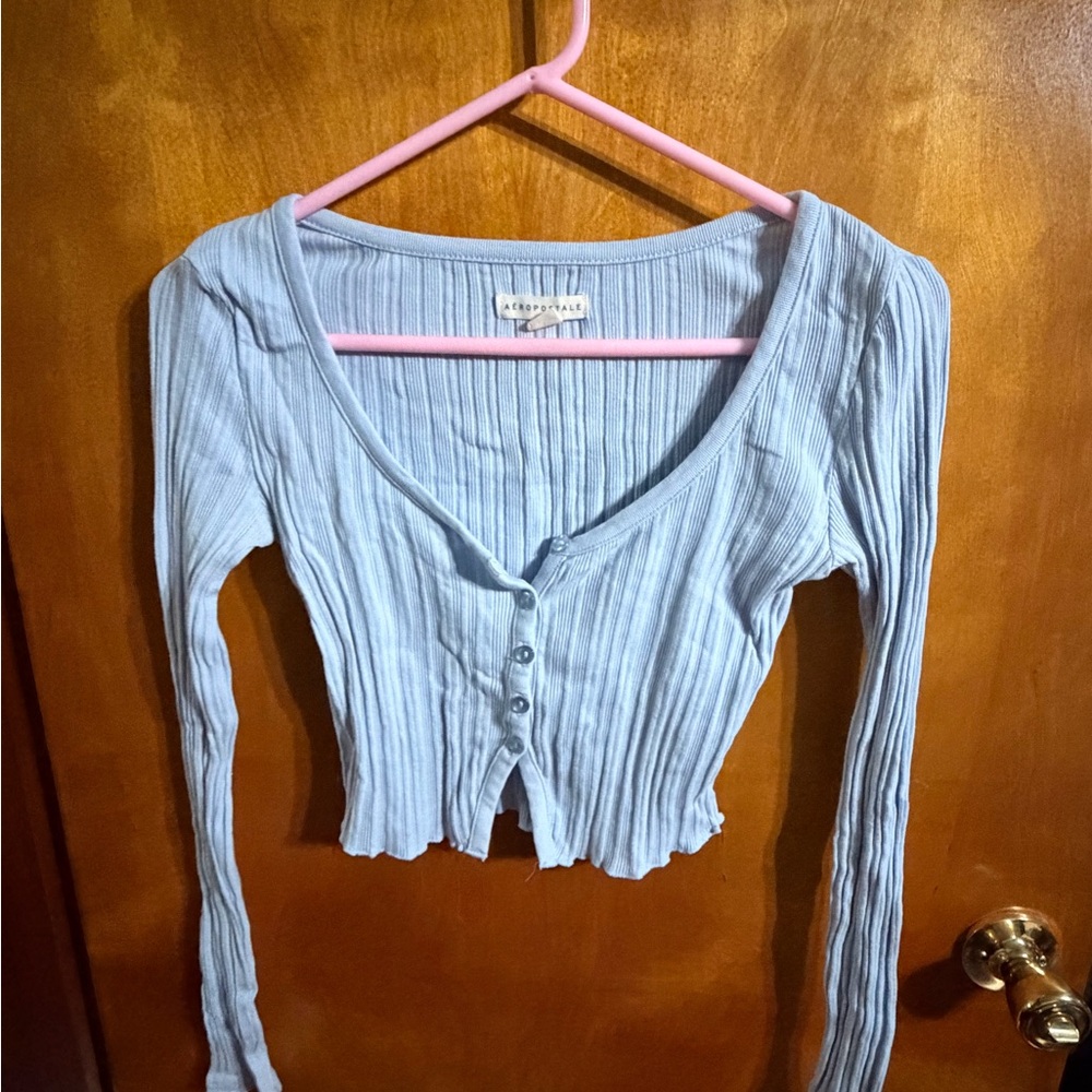 Aeropostale Pale Blue Ribbed Button Crop Top